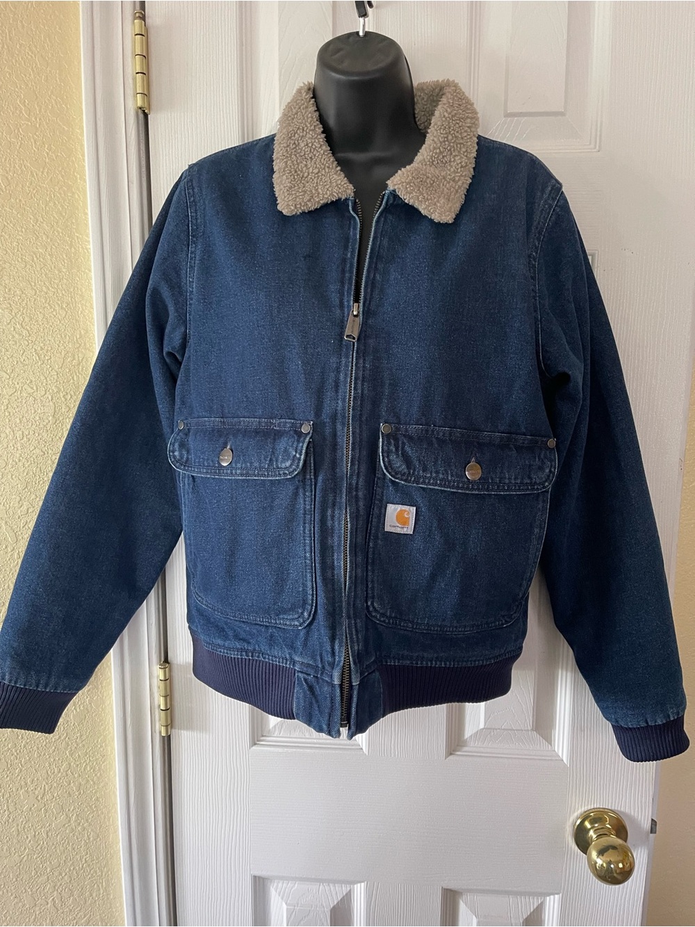 Carhartt Kids Dark Blue Denim Jacket with Cream Sherpa Collar